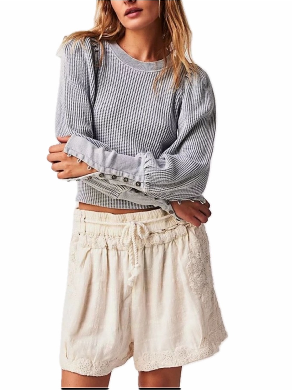 FREE PEOPLE soft blue/gray Puff-Sleeve Waffle Knit Sweater